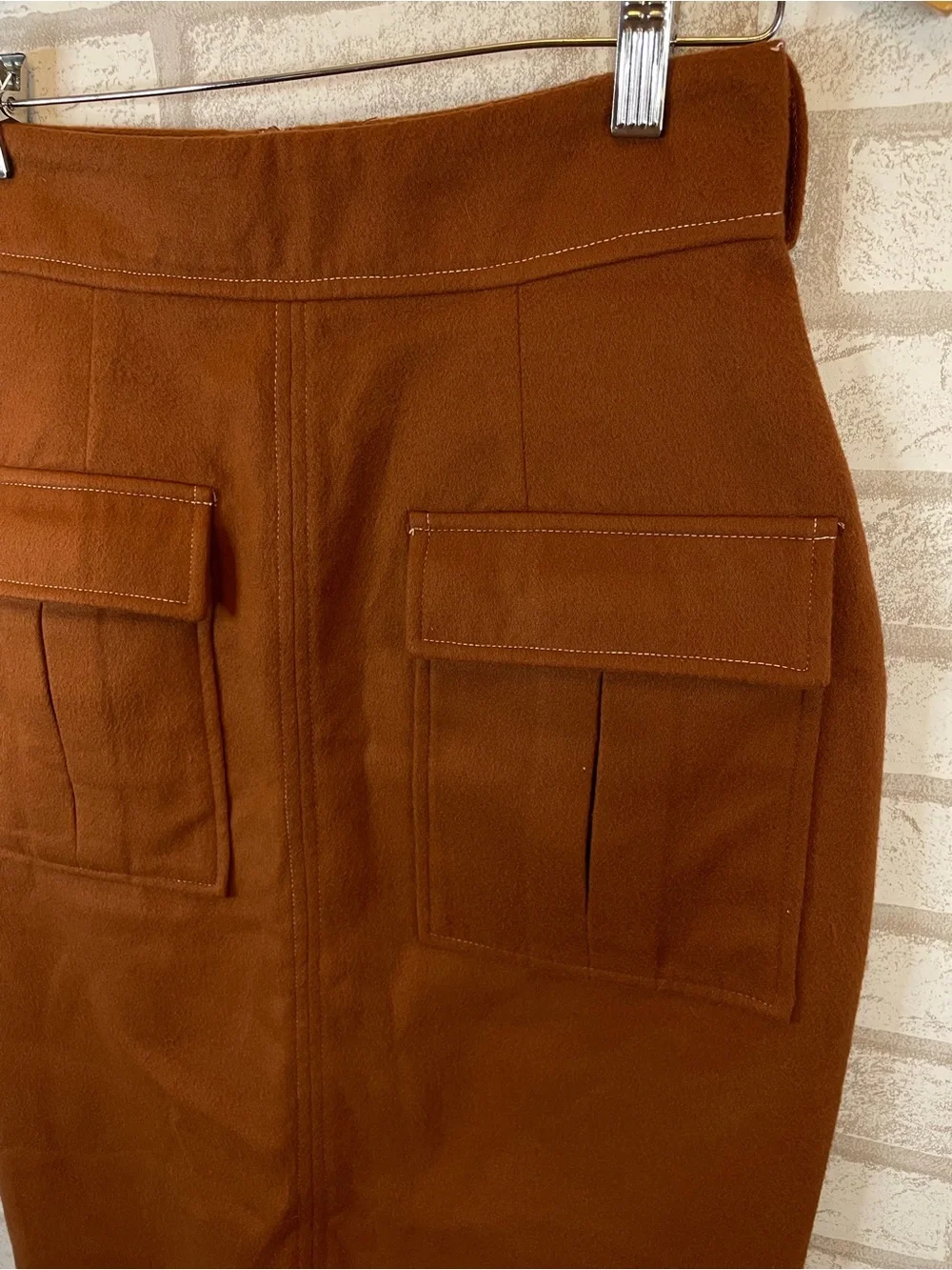Boohoo Rust Brown Cargo Pocket Midi Pencil Skirt Size 6
